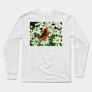 Orange Butterfly on white Lace Flowers Long Sleeve T-Shirt